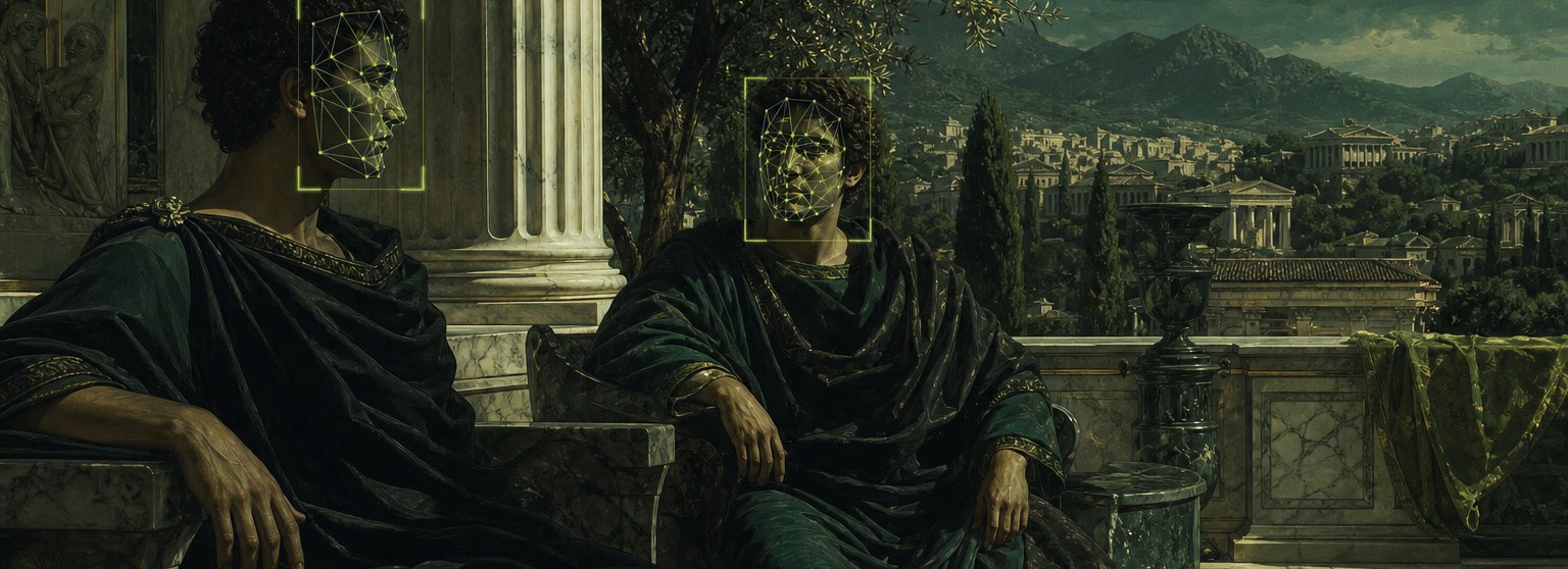 Figures conversing on a Roman terrace; their faces scanned by an AI face-recognition mesh.